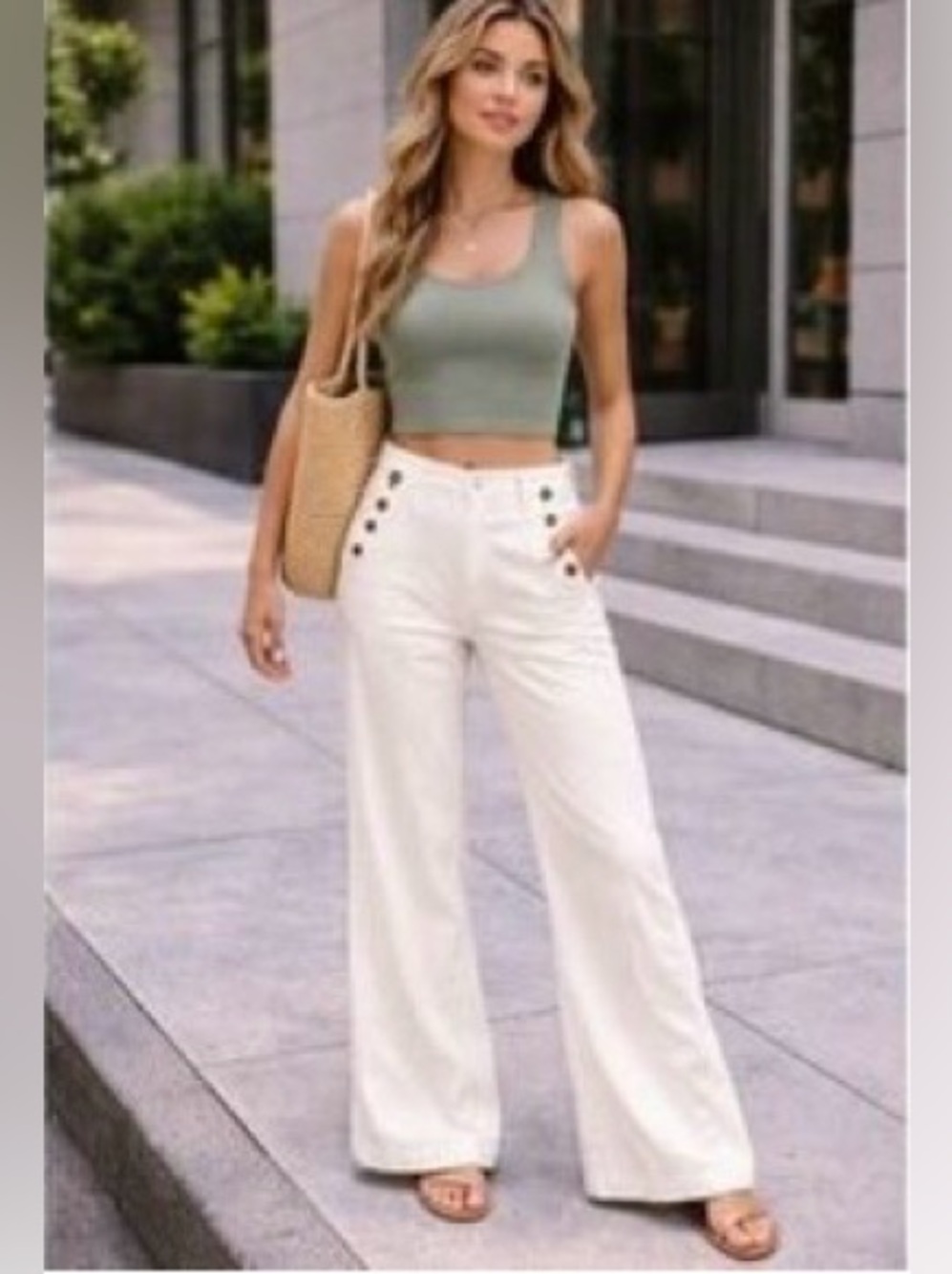 INC International Concepts Cream High-Waist Wide Leg Sailor Pants